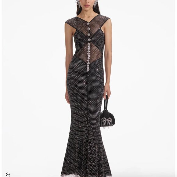 SELF PORTRAIT Black Rhinestone Fishnet Crossover Midi Dress US 6 - Picture 1 of 10